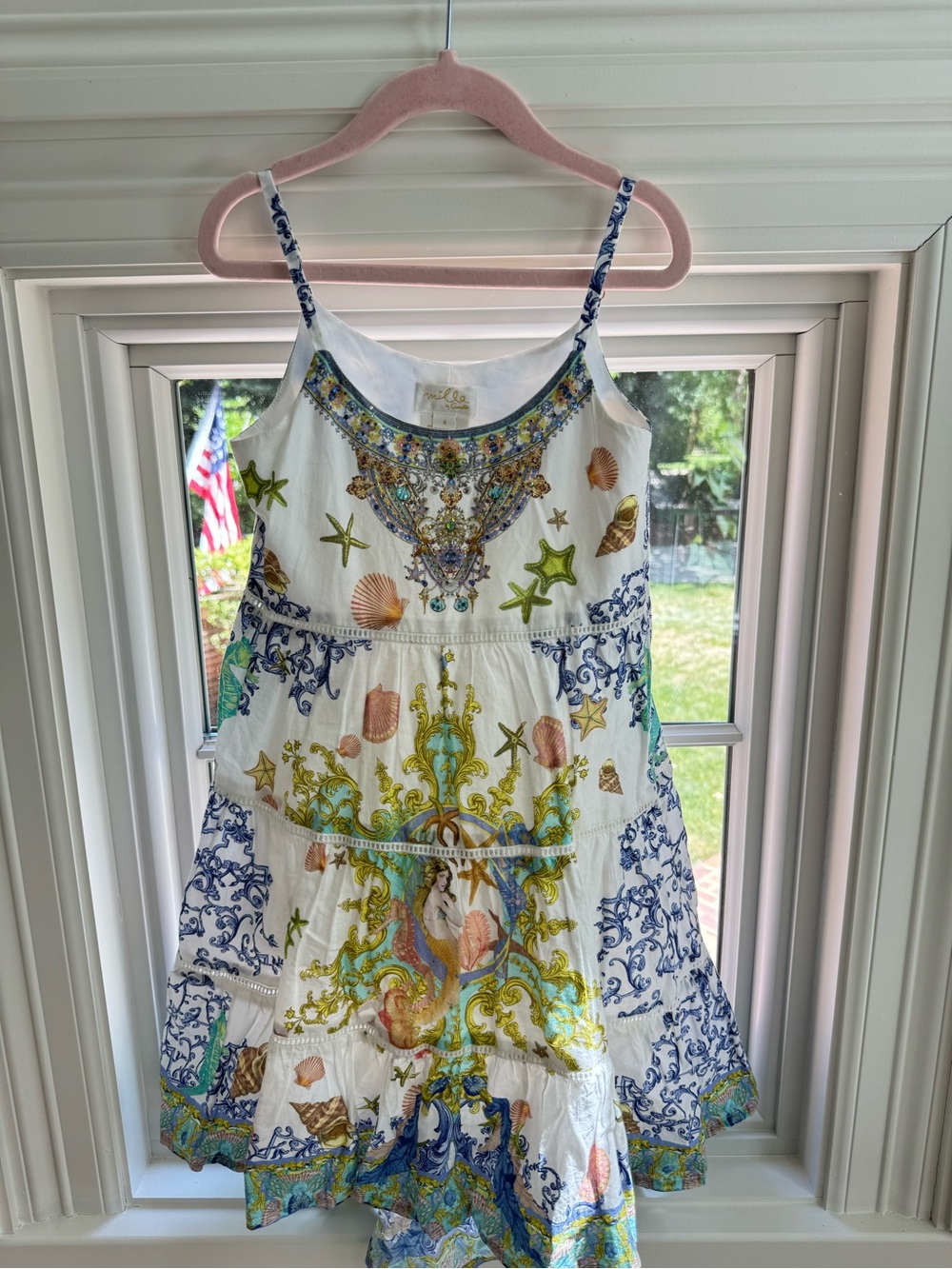White Nautical Print Spaghetti-Strap Kids Dress